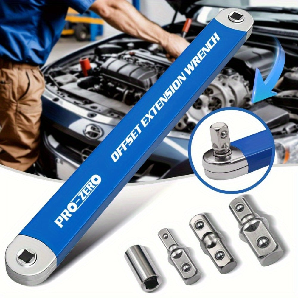 Ratchet Wrench 2-in-1 Offset Extension with 1/4" 3/8" 1/2" Square Head Adapters, 180-Degree Rotation High Torque Non-Slip Handle, Universal Flex Head Ratchet for Narrow Spaces & Auto Repair