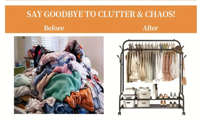 Heavy Duty Metal Clothing Rack Double Rod with Wheels Shelves and Hooks Freestanding Garment Rack 300LB Capacity Closet Organizer for Bedroom Laundry Room