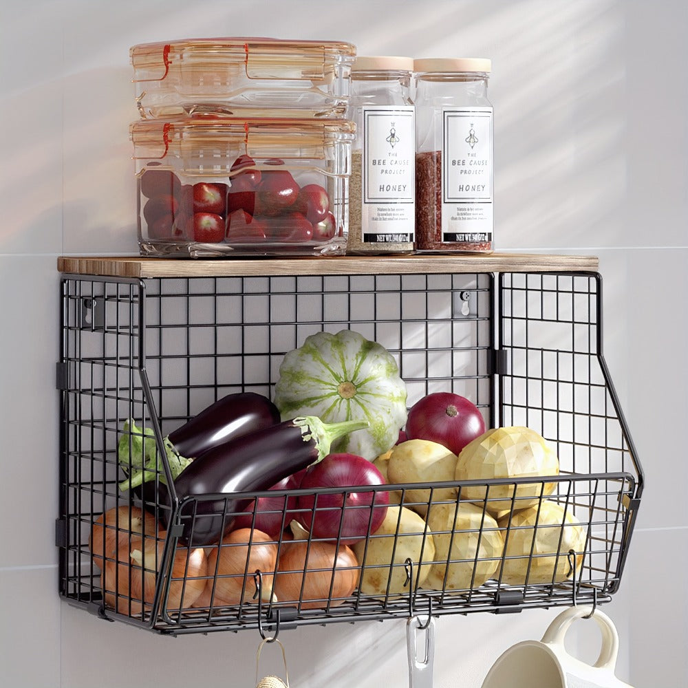 Stackable Metal Wire Fruit Basket with Lid – 1 or 2-Tier Hanging Kitchen Pantry Storage Bin, Wall-Mounted or Countertop Vegetable Organizer for Potato, Onion & Produce, Black