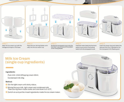 Ice Cream Maker Machine 33.81oz Dual Cup - Homemade Ice Cream, Frozen Yogurt & Fruit Smoothies, Detachable Easy-Clean Design, Electric Dessert Maker for Family & Kids, Perfect Christmas Gift