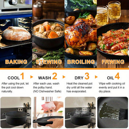 Cast Iron Dutch Oven Set – 6.1QT Deep Pot + 1.9QT Frying Pot, 2-in-1 Cookware with Silicone Handles, Iron Frame & Scraper, Oven, Stovetop, Induction & BBQ Compatible, 6-Pack Bundle