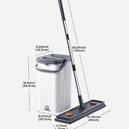 Flat Floor Mop and Bucket Set with Self-Cleaning System – Manual Squeeze Mop for Home, Office, Living Room, Bathroom & Kitchen – ABS, Multisurface, No Electricity Needed (White & Black)