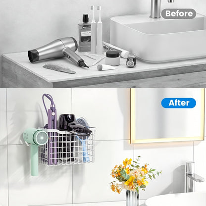 Hair Tool Organizer Wall Mounted Holder for Hair Dryer Curling Iron Straightener 3 Adjustable Heights Bathroom Storage