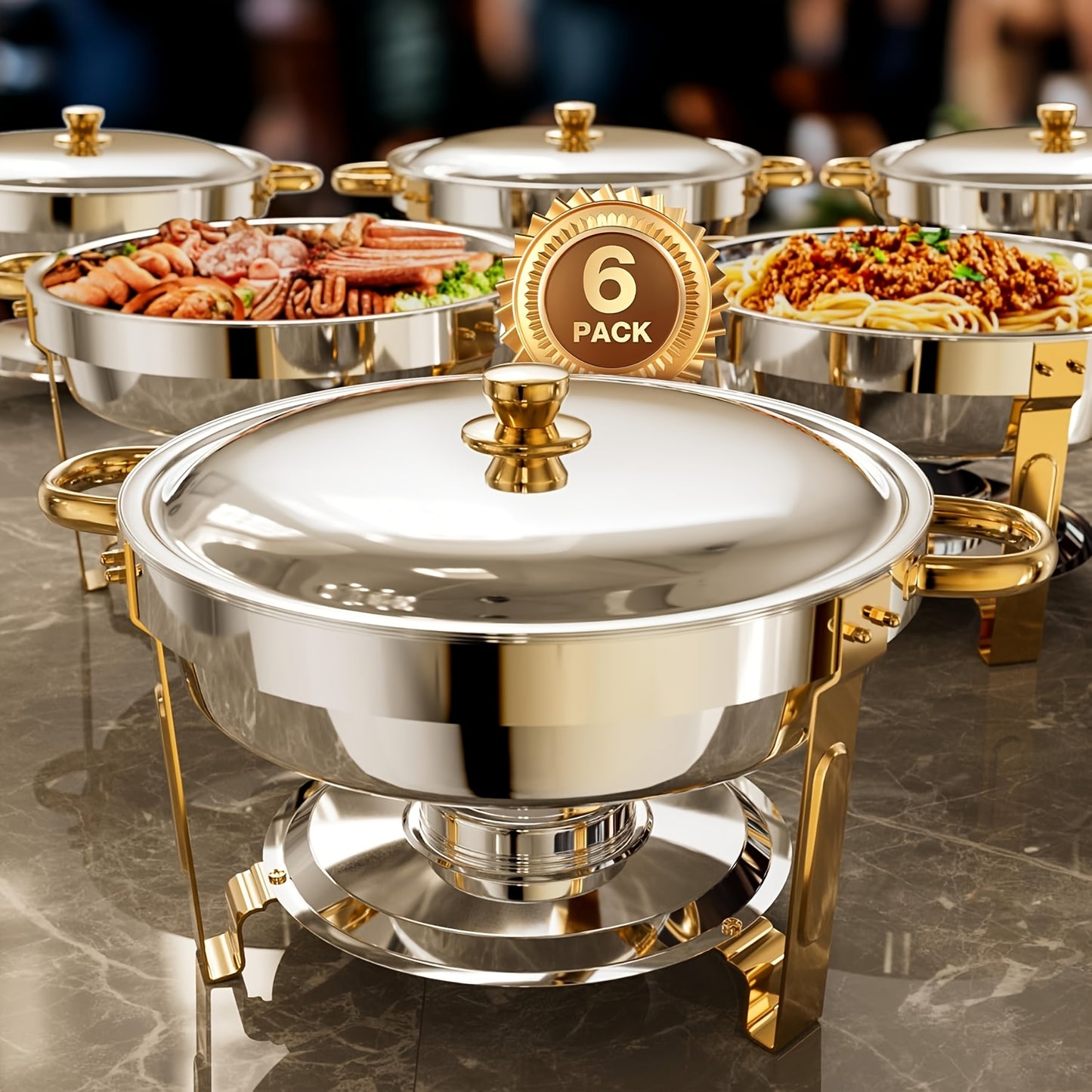 Chafing Dish Buffet Set Stainless Steel Food Warmer 6QT Round Chafer for Catering Events Parties Weddings Banquets, Silver & Gold, 1/2/4/6 Pack Options