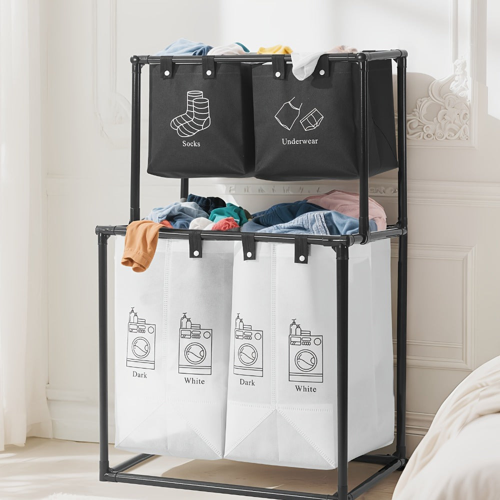 Laundry Sorter 2 Compartment Hamper – 2-Tier Metal Frame Laundry Hamper with Handles, Breathable Mesh Bags & Cable Ties – Space-Saving Clothes Organizer for Home, Bedroom & Apartment