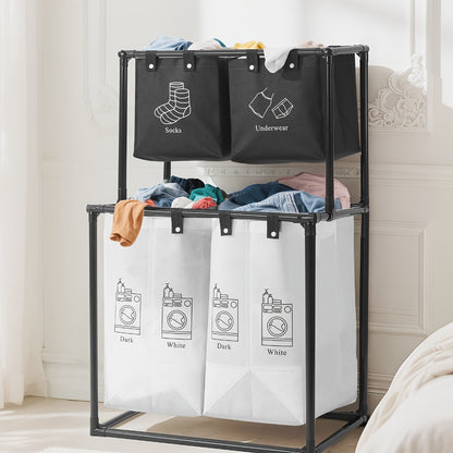 Laundry Sorter 2 Compartment Hamper – 2-Tier Metal Frame Laundry Hamper with Handles, Breathable Mesh Bags & Cable Ties – Space-Saving Clothes Organizer for Home, Bedroom & Apartment