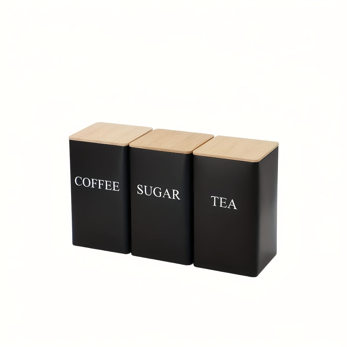 3-Piece Metal Kitchen Canister Set with Wooden Lids – Coffee Tea Sugar Storage Jars, Airtight Kitchen Organizer Tins, Black or White Home Decor Gift Set
