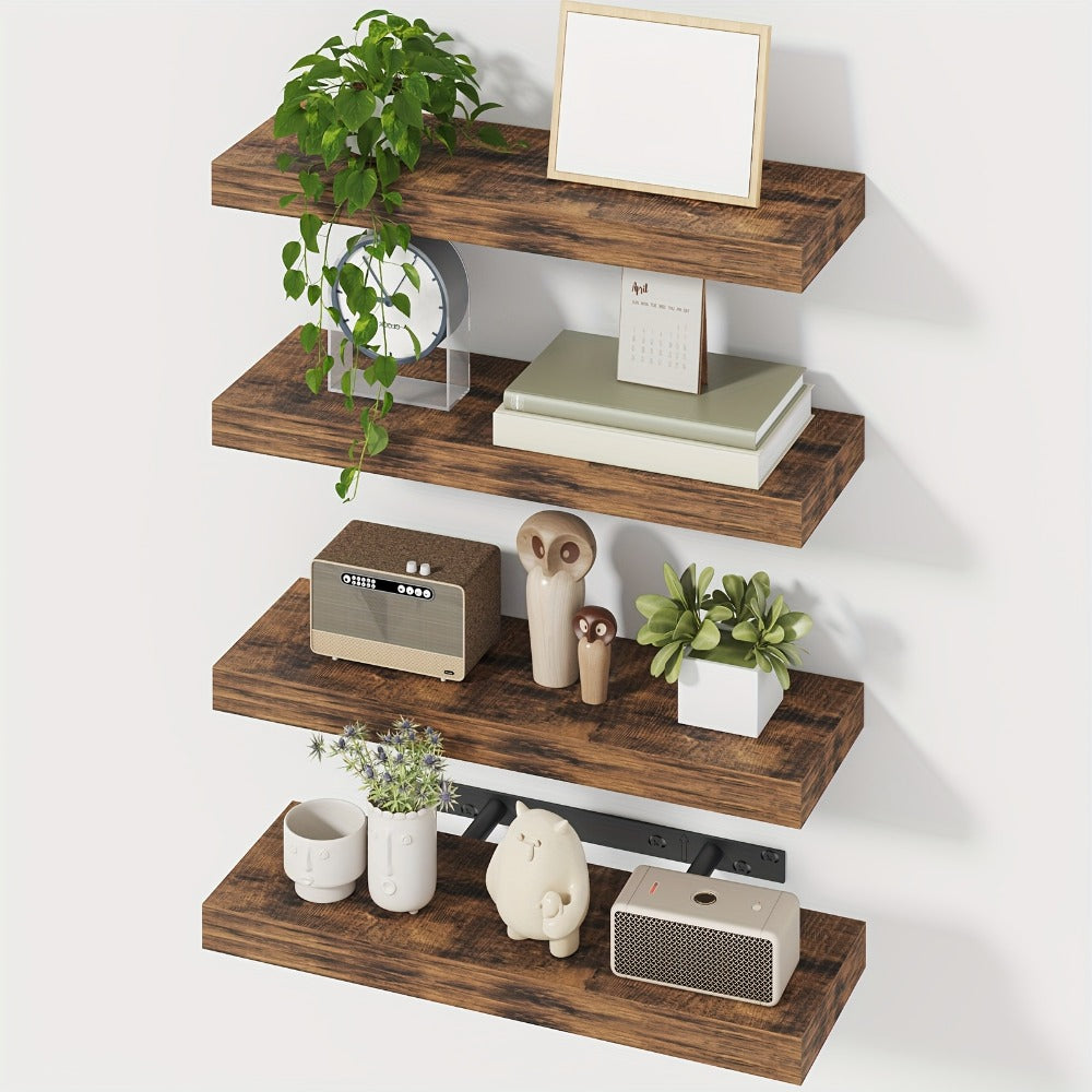Floating Wall Shelves Set of 4, Retro Style Wall Mounted Shelves with Invisible Brackets for Bathroom Living Room Bedroom Kitchen, Brown Black White Gray Home Decor Display
