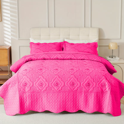 Quilt Set 3 Piece Floral Embroidery Bedspread - 100% Polyester Wrinkle Resistant Lightweight Quilted Coverlet with 2 Pillow Shams for Full Queen King Bed, Elegant Bedroom Decor in 19 Colors