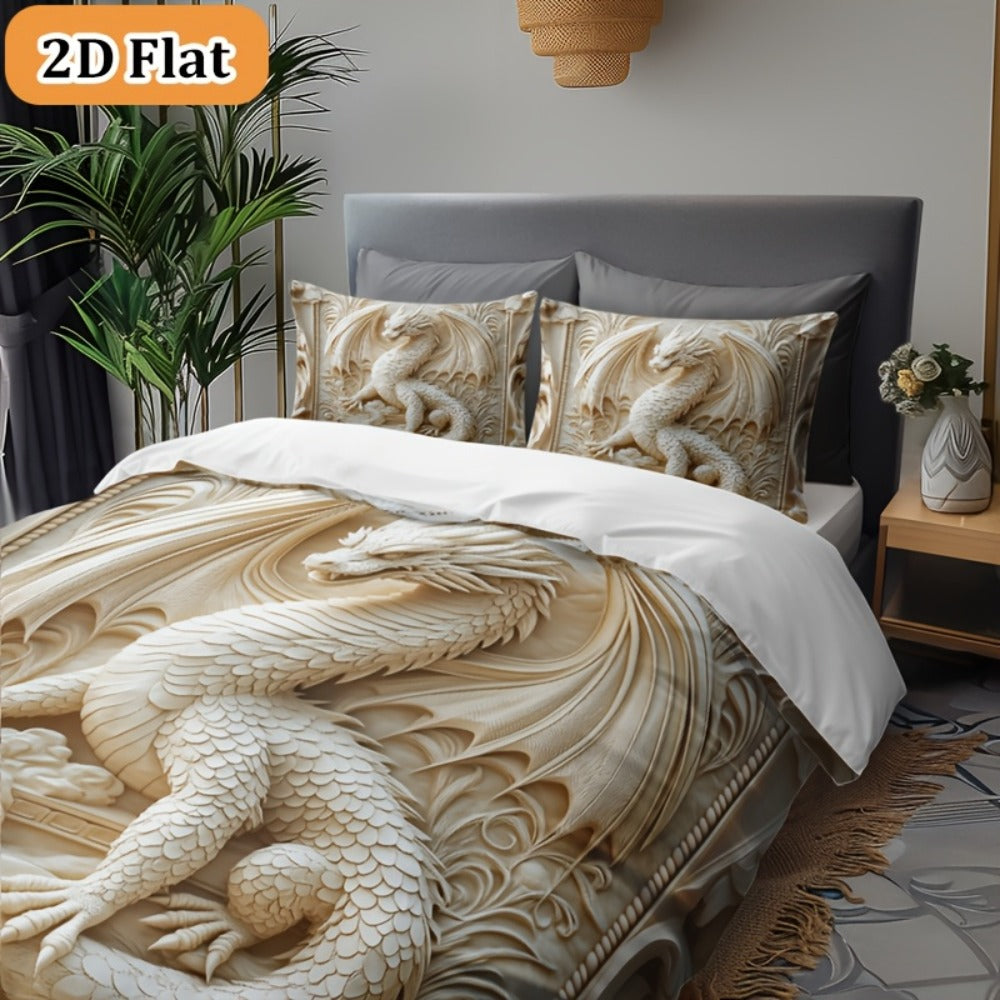 Dragon Print Duvet Cover Set 3-Piece – Boho Dragon Totem Bedding, Soft Polyester Comforter Cover with 2 Pillowcases, Twin Full Queen King, Dorm Room Decor