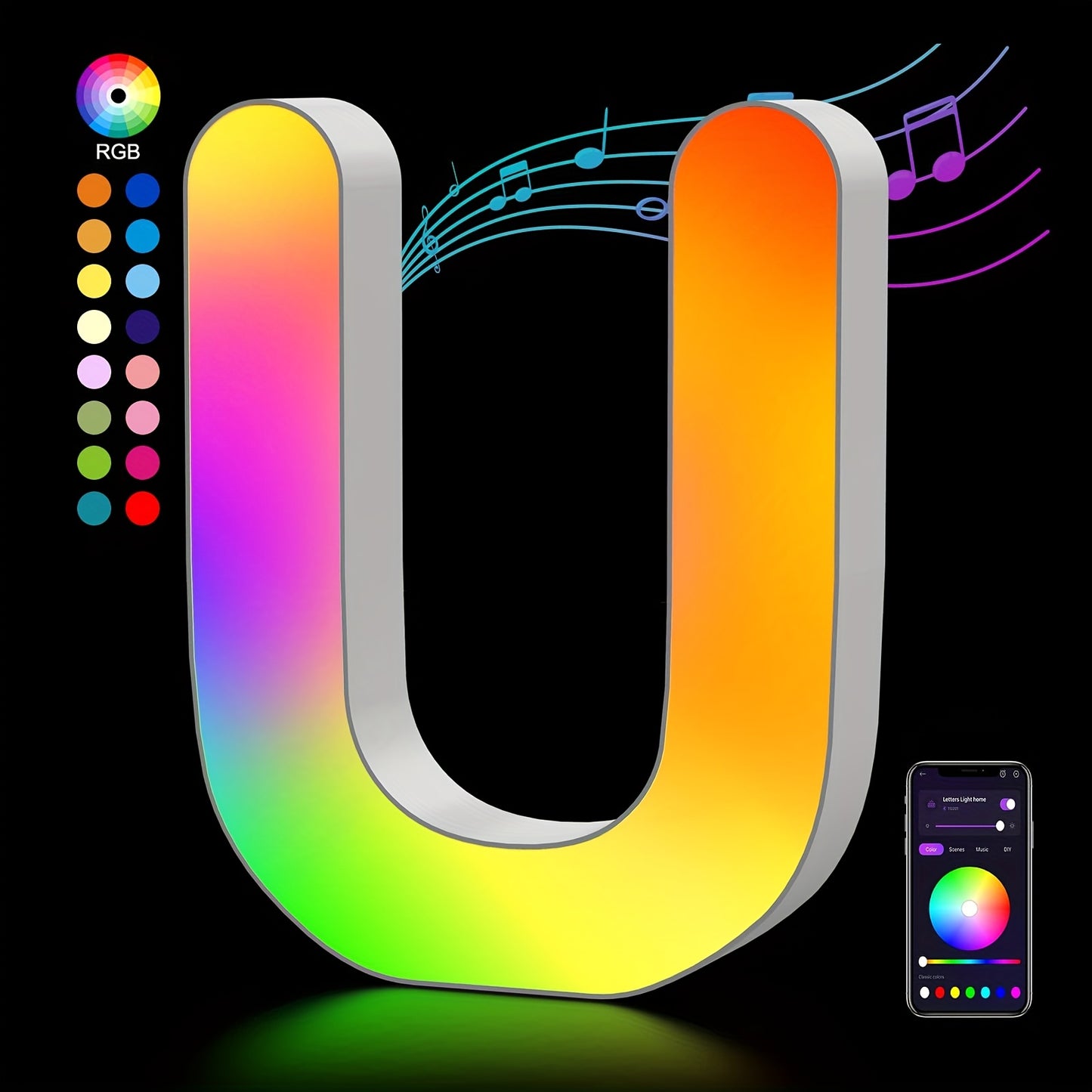 LED Letter Lights Music Sync - Colorful Flashing Marquee Alphabet Lights for Room Decor, Party, Bedroom, Festival & Camping, Numbers 0-9 & A-Z & Symbols Available, Night Light Wall Decoration