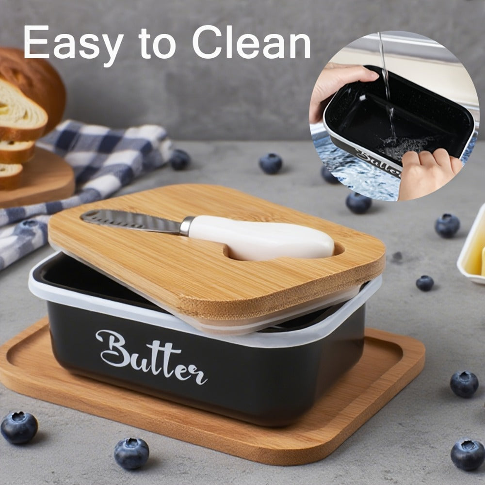 Butter Dish with Bamboo Lid & Knife, Iron Airtight Butter Keeper & Cheese Storage Box — Large Capacity Kitchen Counter Butter Container | Holiday Gift | Black, Gray, Green