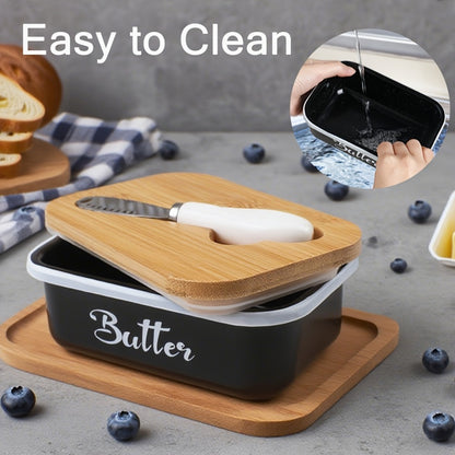 Butter Dish with Bamboo Lid & Knife, Iron Airtight Butter Keeper & Cheese Storage Box — Large Capacity Kitchen Counter Butter Container | Holiday Gift | Black, Gray, Green