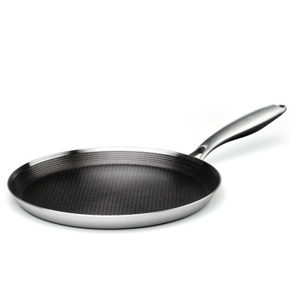 Stainless Steel Crepe Pan 11 Inch Dual Honeycomb Non-Stick PFOA-Free with Lid – Triply Steel Pancake Griddle for Tortillas | Induction Gas Electric Ceramic Compatible Home Camping BBQ Cookware