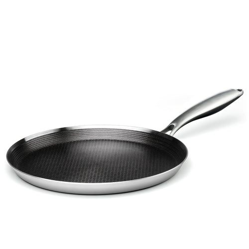 Stainless Steel Crepe Pan 11 Inch Dual Honeycomb Non-Stick PFOA-Free with Lid – Triply Steel Pancake Griddle for Tortillas | Induction Gas Electric Ceramic Compatible Home Camping BBQ Cookware
