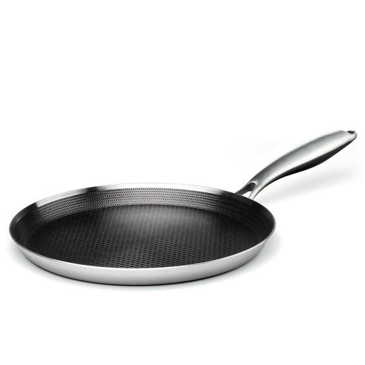 Stainless Steel Crepe Pan 11 Inch Dual Honeycomb Non-Stick PFOA-Free with Lid – Triply Steel Pancake Griddle for Tortillas | Induction Gas Electric Ceramic Compatible Home Camping BBQ Cookware