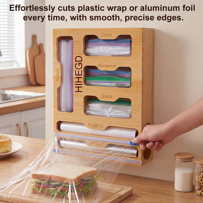 Bamboo Wrap Dispenser 6-in-1 Kitchen Organizer – Built-In Cutter, 6-Grid Storage Box for Plastic Wrap, Aluminum Foil & Bags, Space-Saving Drawer Organizer for Pantry & Kitchen Counter