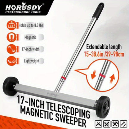 Rolling Magnetic Sweeper 17-Inch with Wheels – Heavy Duty 8.8lb Capacity Telescoping Adjustable Handle 15–38 Inch Picks Up Screws Nails Nuts for Garage Workshop Construction
