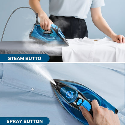 Steam Iron Non-Stick Bottom Plate High Pressure Anti-Calc Safety Protection Adjustable Temperature Steam Settings Dry Wet Clothes Fast Heating Travel Essential Blue