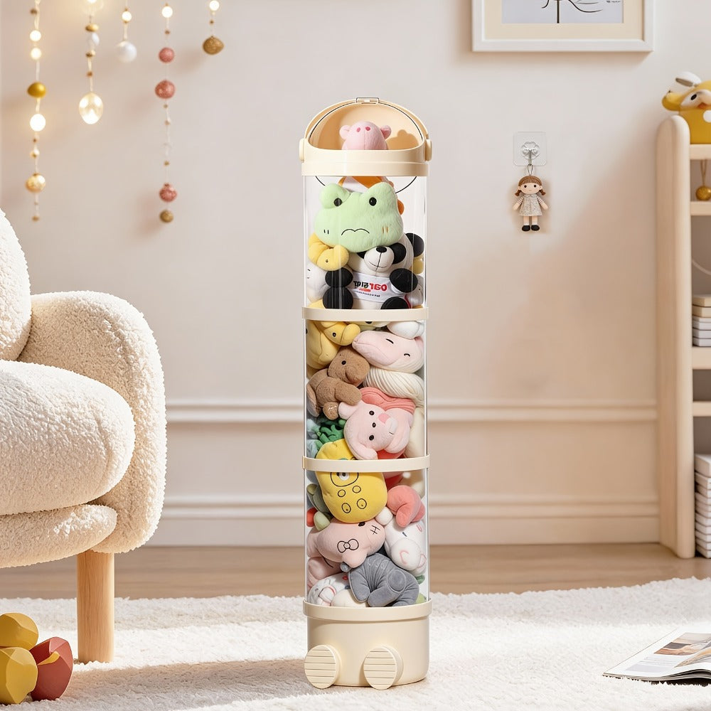 Stackable Round Stuffed Animal Storage Box with Lid – 3-Tier Plastic Plush Toy Organizer with Layered Storage for Dolls Toys & Miscellaneous Items – Kids Room Decor