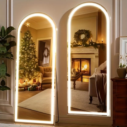 Full Length Mirror Floor Standing with LED Light - Arched & Rect Aluminum Frame Dressing Mirror for Bedroom Living Room, Black/Golden/White