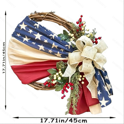 Patriotic 4th of July Door Wreath – Red White & Blue American Flag Wreath with Burlap Bow for Independence Day, Memorial Day & Patriotic Home, Porch & Office Decor