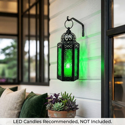 Moroccan Candle Lantern Holder - Decorative Metal & Glass Lantern with Embossed Floral Design for Indoor Home Decor, Garden, Patio, Weddings, Ramadan, Halloween & Holiday Celebrations - 10.5" Tall Medium Size