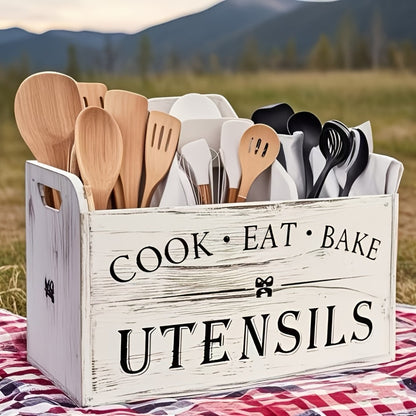 Kitchen Utensil Organizer - Extra Large Rustic Wooden Utensil Holder with 3 Compartments, Countertop & Wall Mounted Storage Rack for Cooking Baking Tools, Heavy Duty Natural Wood Kitchen Caddy