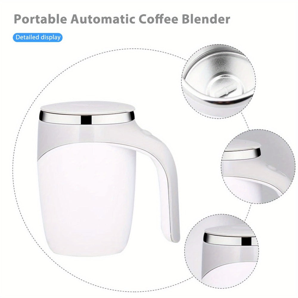 Self Stirring Coffee Mug with Magnetic Stirring Technology – 13.3oz Stainless Steel Travel Mug, No Battery Needed, Spill-Proof Lid & Ergonomic Handle, Reusable Coffee Cup Gift Set – White & Beige