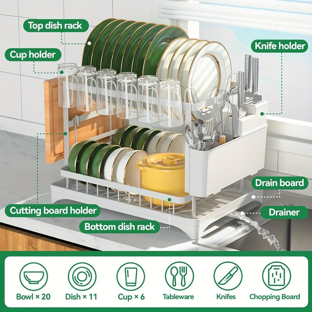 2-Tier Metal Dish Drying Rack with Drainboard – Kitchen Counter Dish Drainer Compact Countertop Drying Rack Black White Gray