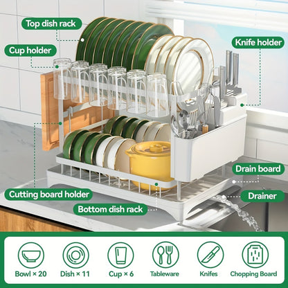 2-Tier Metal Dish Drying Rack with Drainboard – Kitchen Counter Dish Drainer Compact Countertop Drying Rack Black White Gray