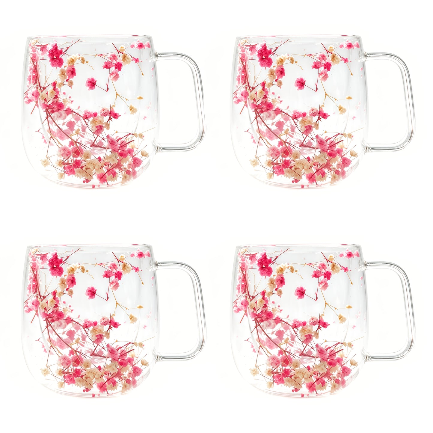 Double Wall Glass Coffee Cups with Handle Set of 4 – Borosilicate Thermal Mugs for Latte Cappuccino Tea | Dried Flower & Petal Design Transparent Drinkware for Office Home Gifts