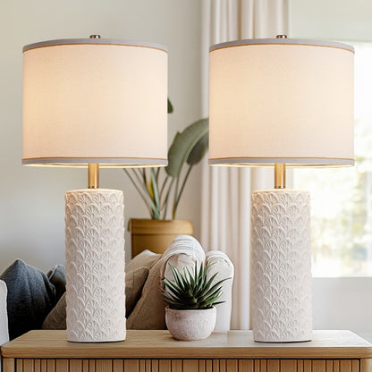 Ceramic Table Lamp – Modern Farmhouse Bedside Lamp with Drum Shade, 3 Color Temperature, Knob Switch, 9W LED Bulb Included, Rustic Nightstand Desk Light for Bedroom Living Room Office Dorm (Multiple Colors)