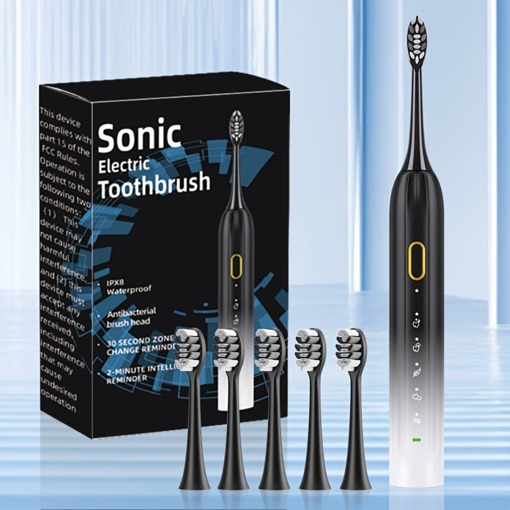 Sonic Electric Toothbrush IPX8 Waterproof USB Rechargeable with 5 Replacement Brush Heads, Smart Timer, Metal Shaft, Couple Design for Adults Men & Women — Black, Green Pink, Pink White