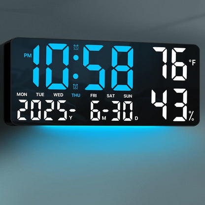 Large Digital Wall Clock with Remote Control – 14.6" LED Display Dual Alarm Clock with Night Light, Temperature, Humidity, Date & Week – RGB Color-Changing Bedroom & Living Room Clock Gift for Elderly