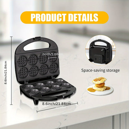 Mini Waffle Maker Machine Makes 8 Bite-Sized 2-Inch Waffles, Dual Non-Stick Aluminum Plates, Cool-Touch Handle, Compact Space-Saving Design for Family Breakfast, Snacks & Desserts