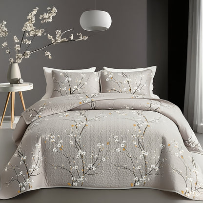 Plum Blossom Quilted Bedspread Set Machine Washable Soft Breathable Hypoallergenic Comforter with Pillowcases Twin Full Queen King Size Floral Bed Cover Bedding Set