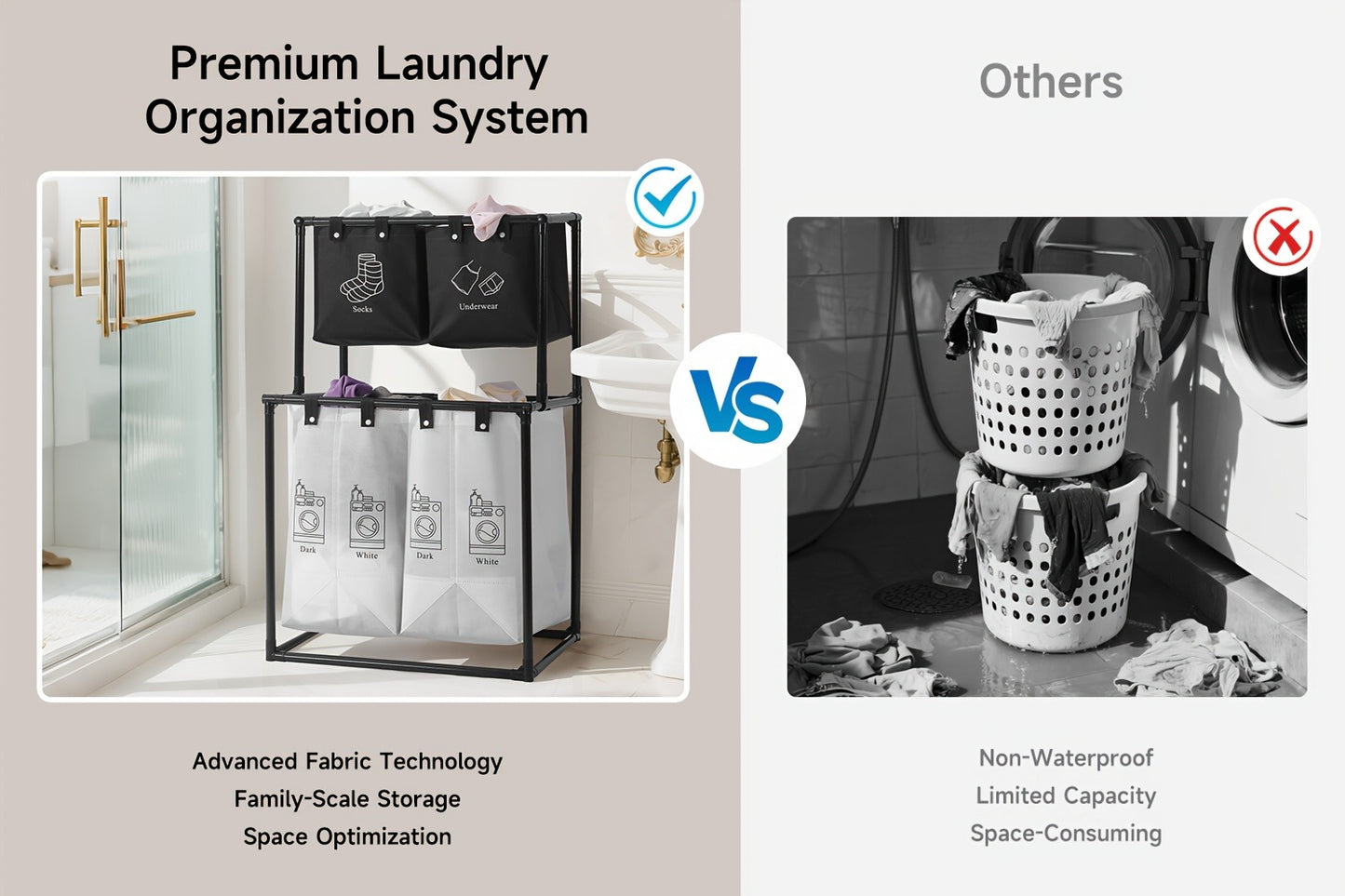 Laundry Sorter 2-Tier with Removable Bins - Collapsible Clothes Hamper Oxford Fabric Double Laundry Basket for Bedroom Bathroom Kids Adults Dorm Travel with 10 Cable Ties
