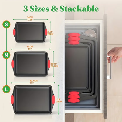 Nonstick Baking Pan Set of 3, Carbon Steel Baking Sheets with Red Silicone Handles, Double-Sided Non-Stick Coating, Oven & Toaster Safe, Professional Bakeware for Home & Commercial Kitchen Use