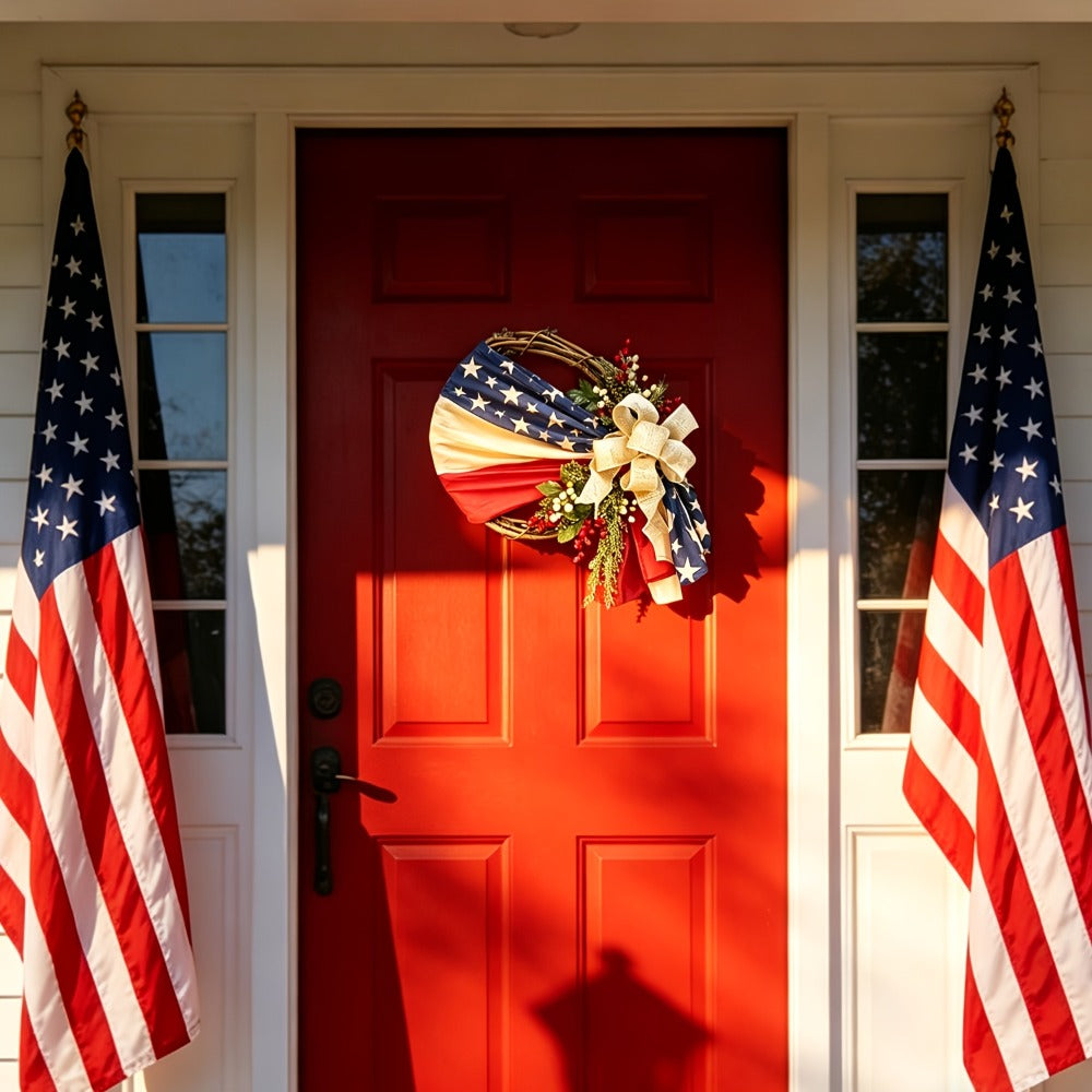 Patriotic 4th of July Door Wreath – Red White & Blue American Flag Wreath with Burlap Bow for Independence Day, Memorial Day & Patriotic Home, Porch & Office Decor