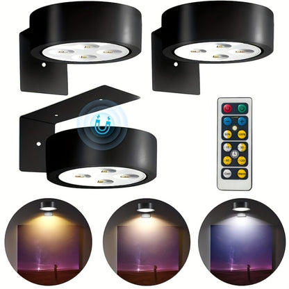 Battery Operated Picture Lights 3-Pack, Magnetic Painting Light with Remote & Timer, 3 Lighting Modes Dimmable Wireless Wall Puck Lights for Art Frames Portraits – Black