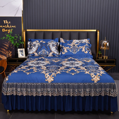 Floral Ruffle Bed Skirt Cool Mat 3 Piece Set with Pillowcase, Double Layer 360° Full Wrap Washable Cooling Mattress Cover, Breathable Summer Bedding Set for Twin Full Queen King, Parisian Romantic Floral