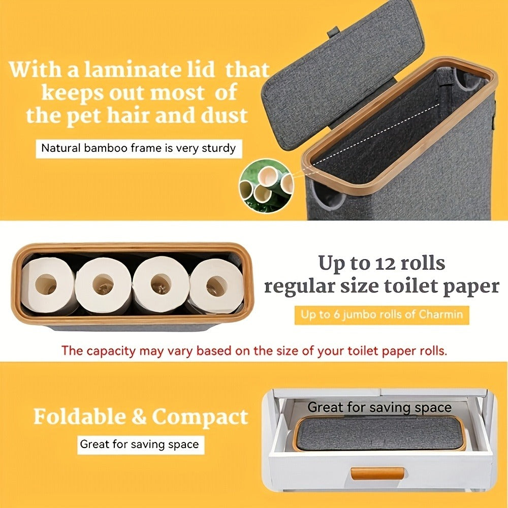 Toilet Paper Storage Basket with Bamboo Lid – Large Capacity Holds 9-12 Rolls | 600D Oxford Cloth Dustproof Bathroom Organizer | Modern Farmhouse Tissue Roll Holder for Bathroom