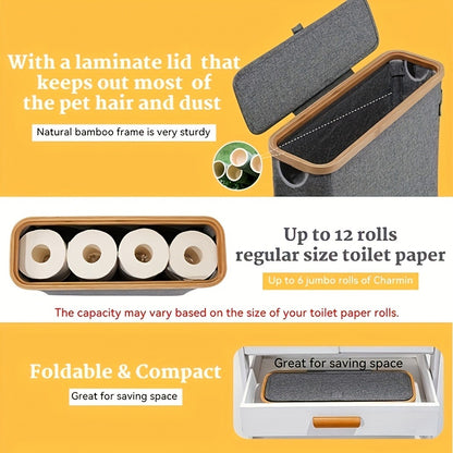 Toilet Paper Storage Basket with Bamboo Lid – Large Capacity Holds 9-12 Rolls | 600D Oxford Cloth Dustproof Bathroom Organizer | Modern Farmhouse Tissue Roll Holder for Bathroom