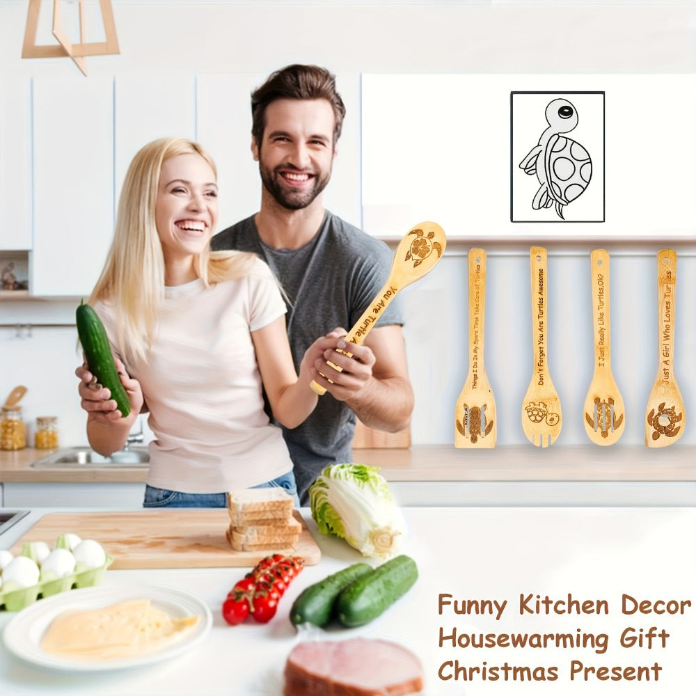 Wooden Cooking Spoons Utensils Set 5 Pcs – Carved Animal Bamboo Kitchen Gadgets Non-Stick Spatula Kit, Turtle Design Farmhouse Decor, Housewarming Christmas Gift for Cooking Enthusiasts
