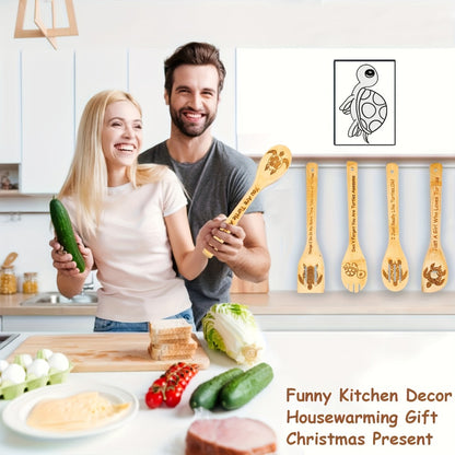 Wooden Cooking Spoons Utensils Set 5 Pcs – Carved Animal Bamboo Kitchen Gadgets Non-Stick Spatula Kit, Turtle Design Farmhouse Decor, Housewarming Christmas Gift for Cooking Enthusiasts