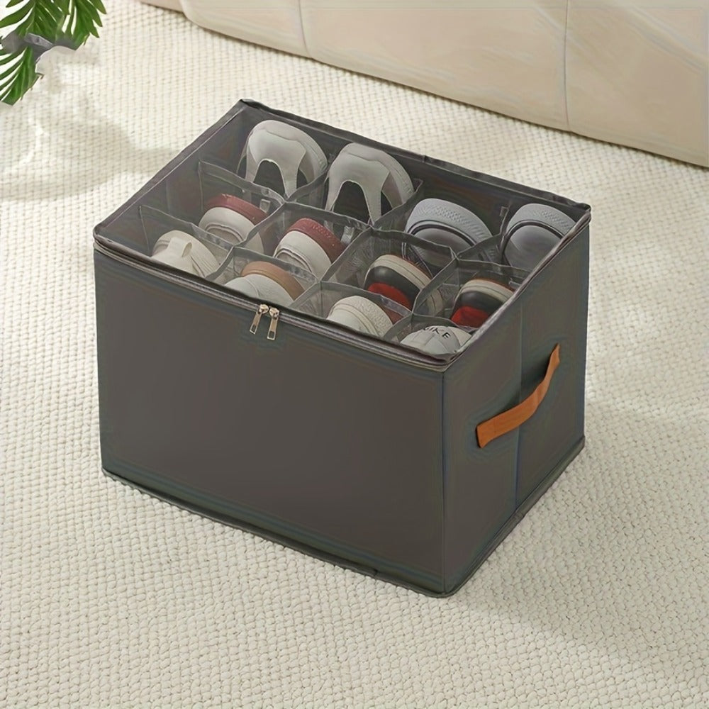 Oxford Fabric Shoe Storage Organizer with Adjustable Dividers, Transparent Lid & Handles – Holds 12 Pairs, Foldable, Zippered Dustproof, 2 or 4 Pack