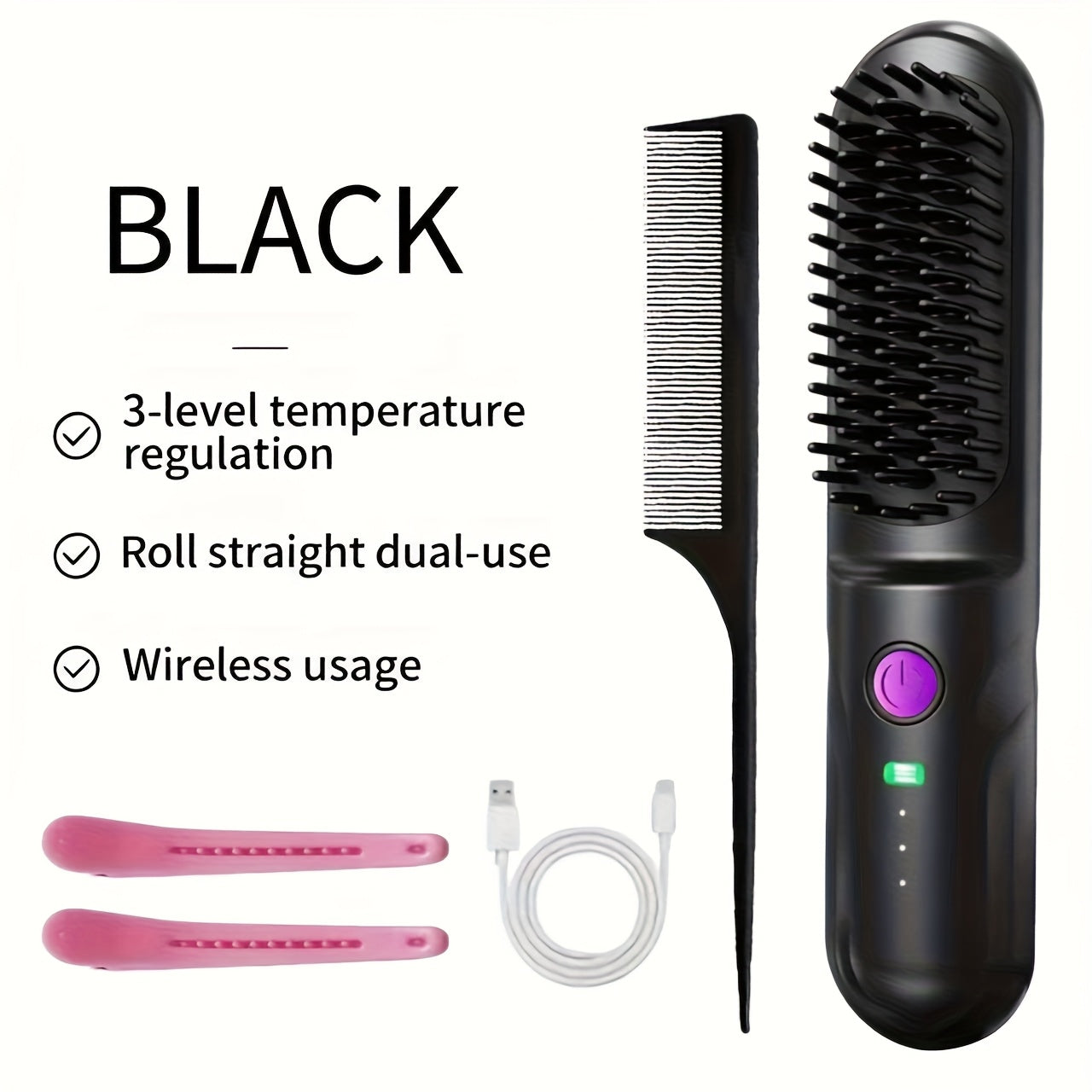 Wireless Hair Straightener Comb - Portable Cordless Straightening Brush with 3-Min Fast Heat, 3 Temp Settings 170-190°C, Negative Ion Technology, 3D Comb Design, Lightweight Travel Hair Straightener
