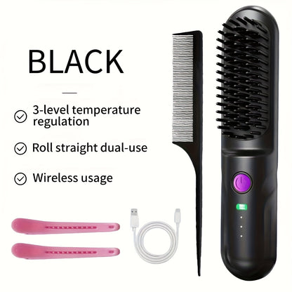 Wireless Hair Straightener Comb - Portable Cordless Straightening Brush with 3-Min Fast Heat, 3 Temp Settings 170-190°C, Negative Ion Technology, 3D Comb Design, Lightweight Travel Hair Straightener