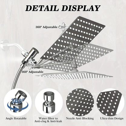 High Pressure Rainfall Handheld Shower Head Combo, 11-Inch Extension Arm, 9 Settings, 180° Adjustable, Anti-Leak with Holder, Chrome & Matte Black, 8/10/12 Inch